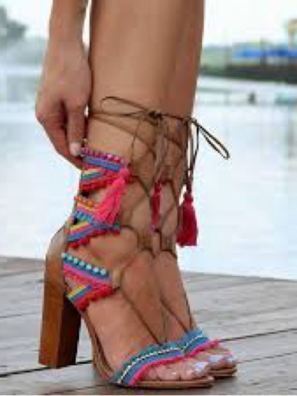Schutz Calla Block Heeled Leather Sandals Lace-Up Multi-Color women 8.5